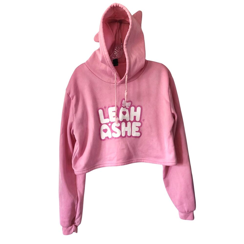 Leah Ashe Merch Pink Hooded with Ears Cropped Pullover Sweatshirt XL